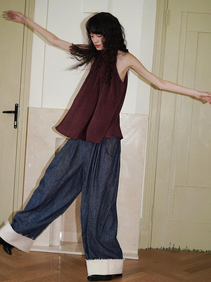 badtaste Denim Blue Western Retro Low Waist Women's Linen Cotton Wide-leg Jeans