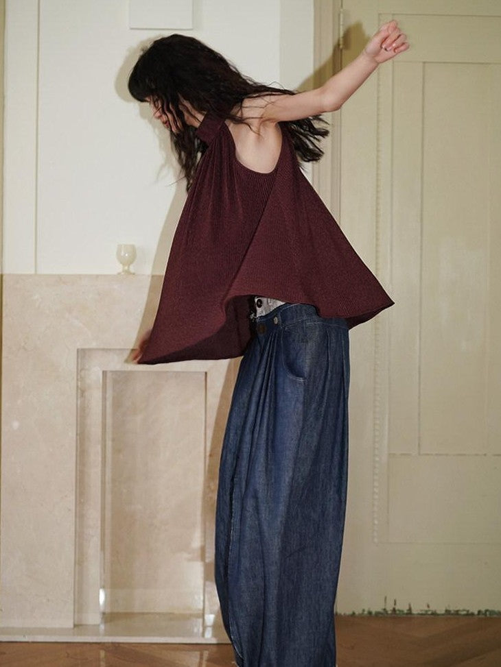badtaste Denim Blue Western Retro Low Waist Women's Linen Cotton Wide-leg Jeans
