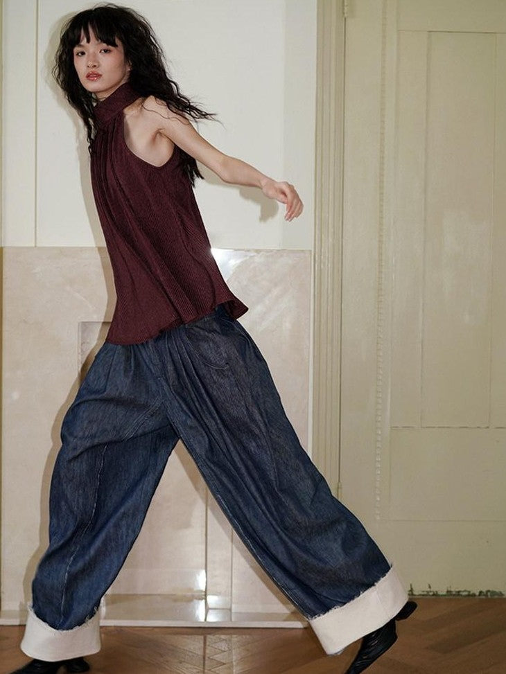 badtaste Denim Blue Western Retro Low Waist Women's Linen Cotton Wide-leg Jeans