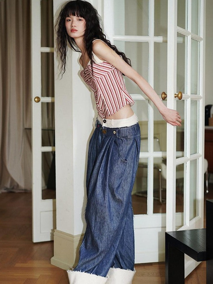 badtaste Denim Blue Western Retro Low Waist Women's Linen Cotton Wide-leg Jeans