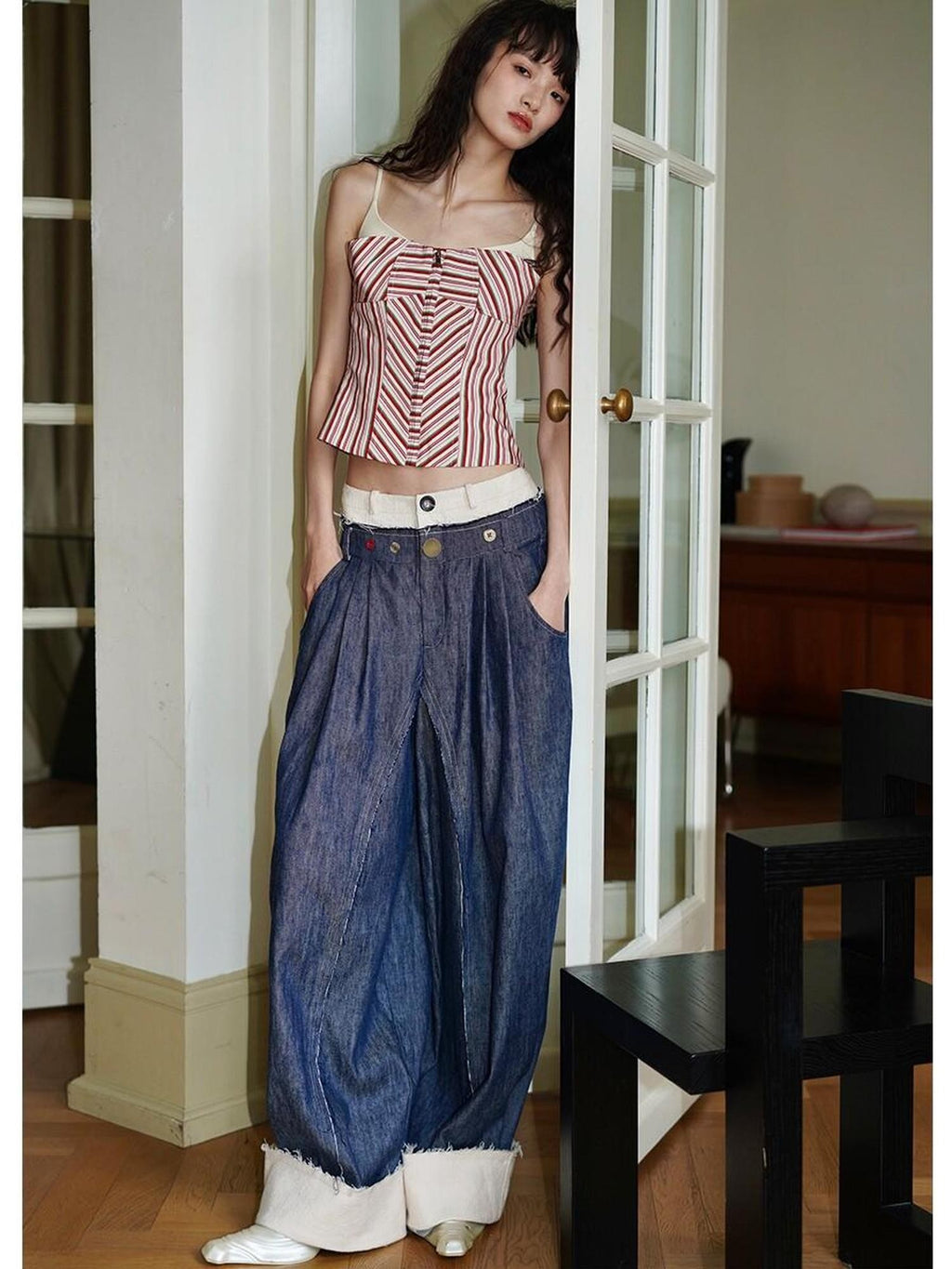 badtaste Denim Blue Western Retro Low Waist Women's Linen Cotton Wide-leg Jeans