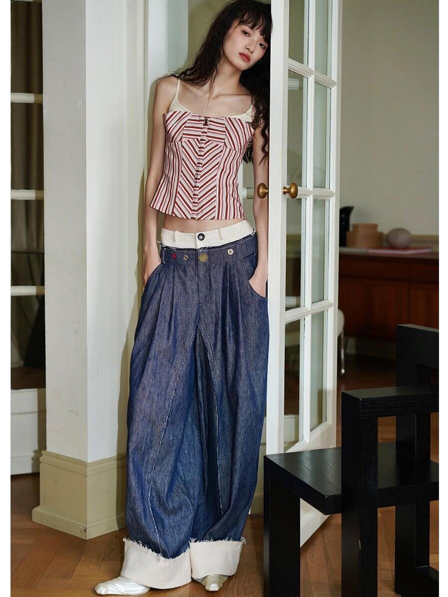 badtaste Denim Blue Western Retro Low Waist Women's Linen Cotton Wide-leg Jeans