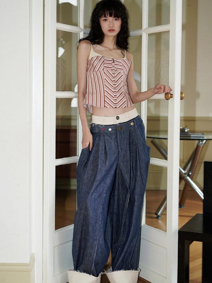 badtaste Denim Blue Western Retro Low Waist Women's Linen Cotton Wide-leg Jeans