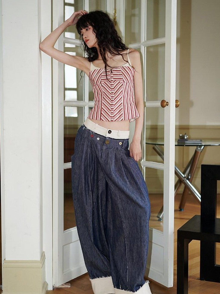 badtaste Denim Blue Western Retro Low Waist Women's Linen Cotton Wide-leg Jeans