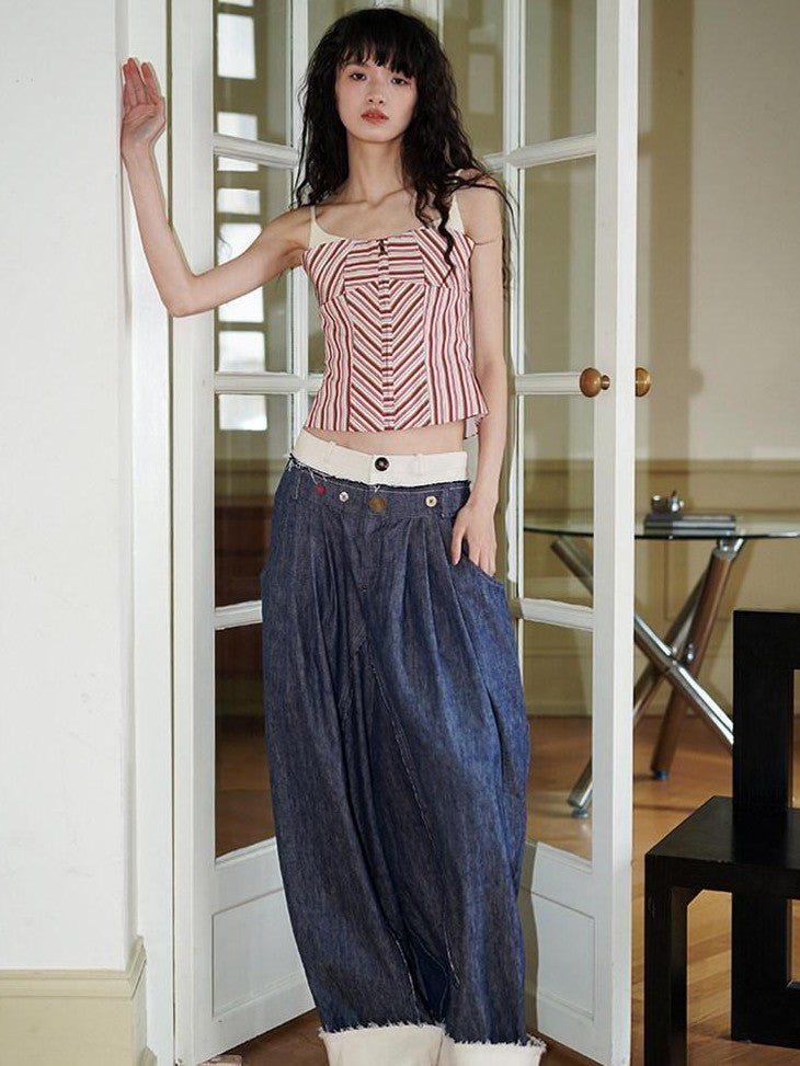 badtaste Denim Blue Western Retro Low Waist Women's Linen Cotton Wide-leg Jeans