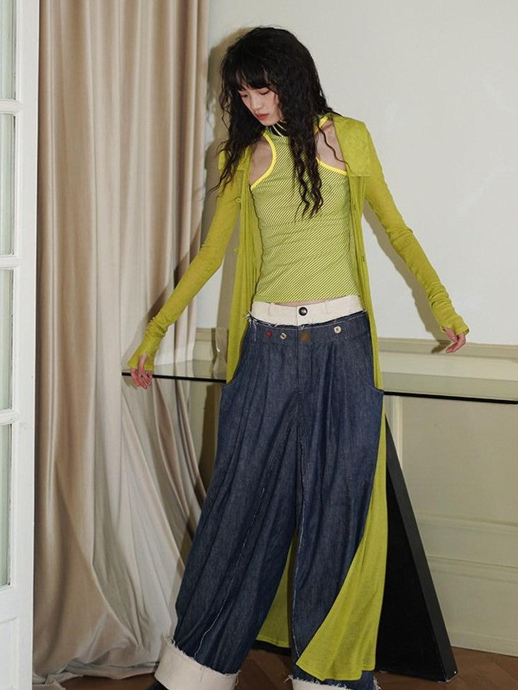 badtaste Denim Blue Western Retro Low Waist Women's Linen Cotton Wide-leg Jeans