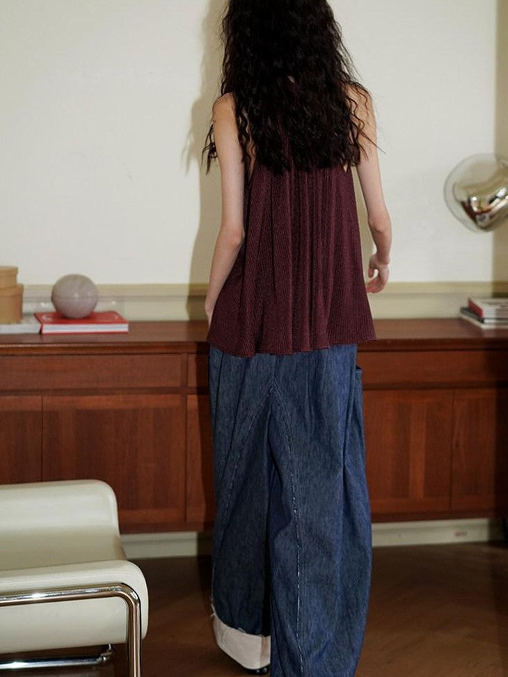badtaste Denim Blue Western Retro Low Waist Women's Linen Cotton Wide-leg Jeans