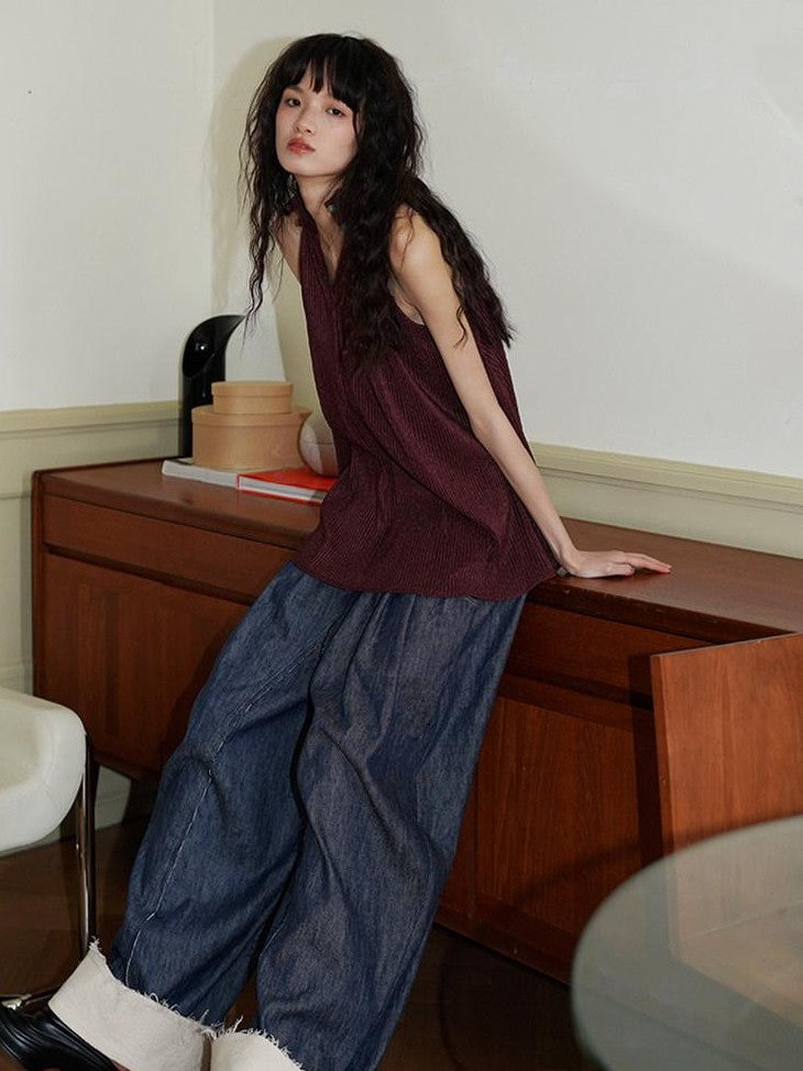 badtaste Denim Blue Western Retro Low Waist Women's Linen Cotton Wide-leg Jeans