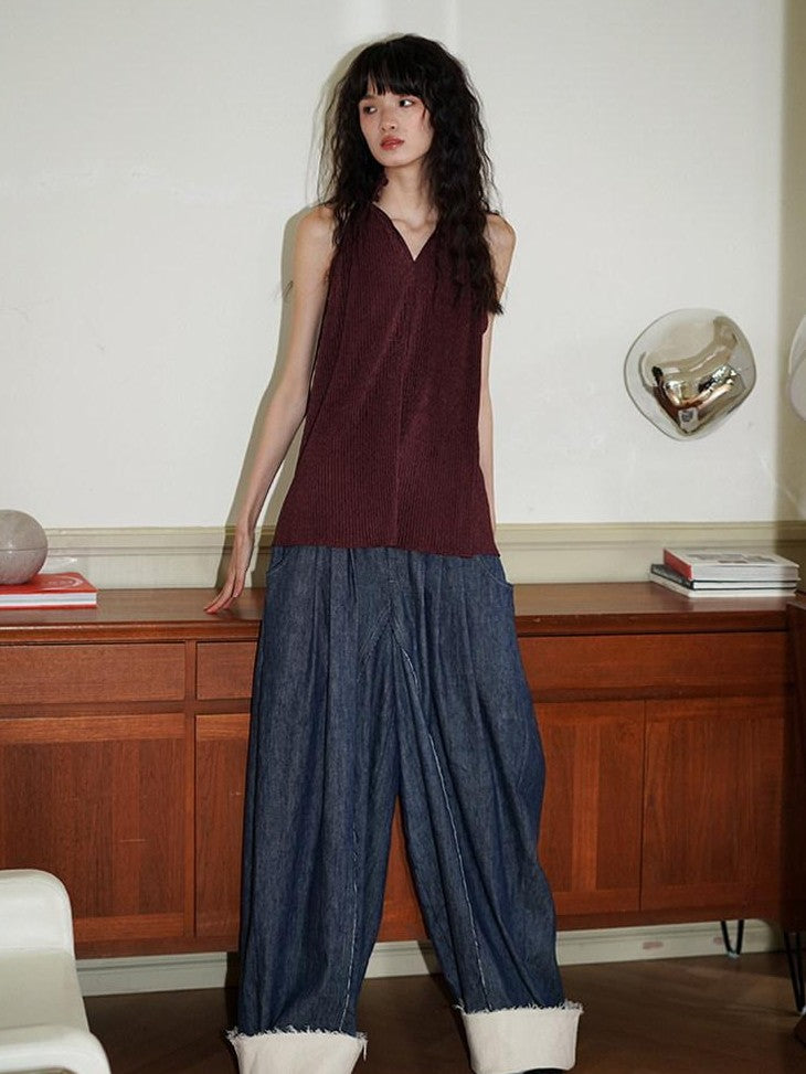badtaste Denim Blue Western Retro Low Waist Women's Linen Cotton Wide-leg Jeans