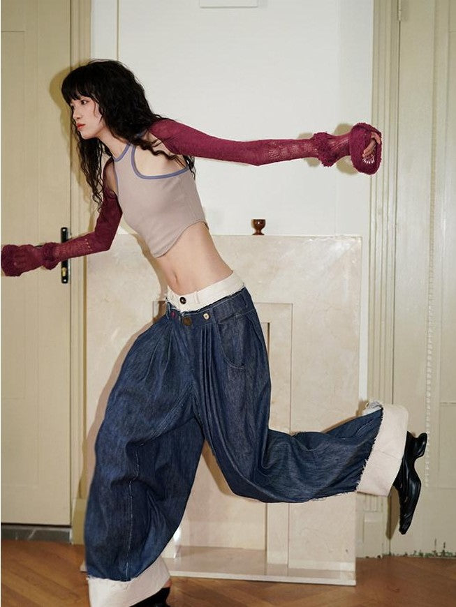 badtaste Denim Blue Western Retro Low Waist Women's Linen Cotton Wide-leg Jeans
