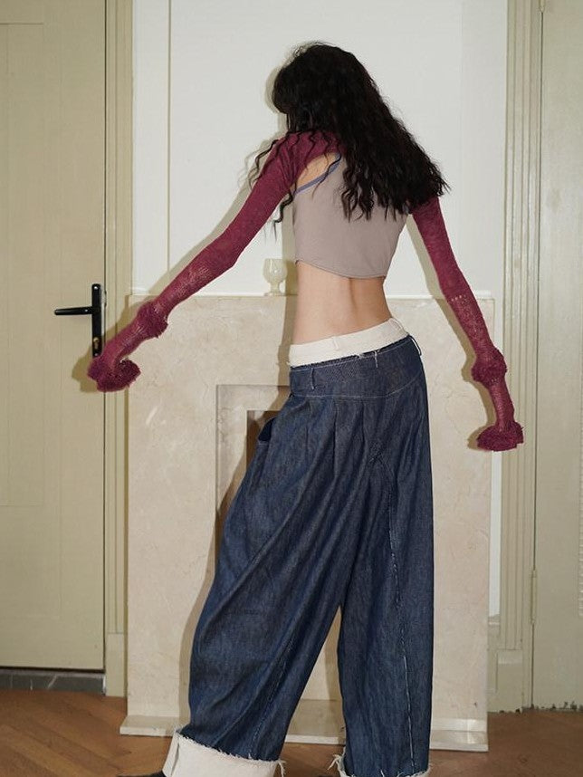 badtaste Denim Blue Western Retro Low Waist Women's Linen Cotton Wide-leg Jeans