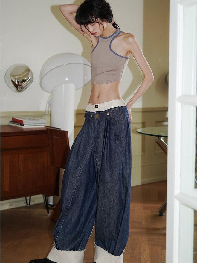 badtaste Denim Blue Western Retro Low Waist Women's Linen Cotton Wide-leg Jeans