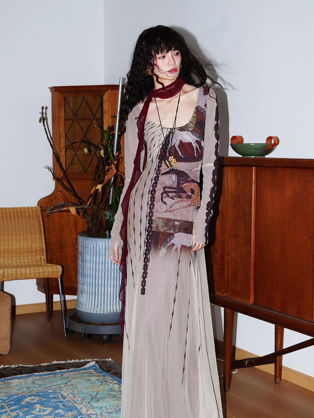 badtaste Double Layer Vintage Printed Long Sleeve Women's Mesh Bodycon Maxi Dresses