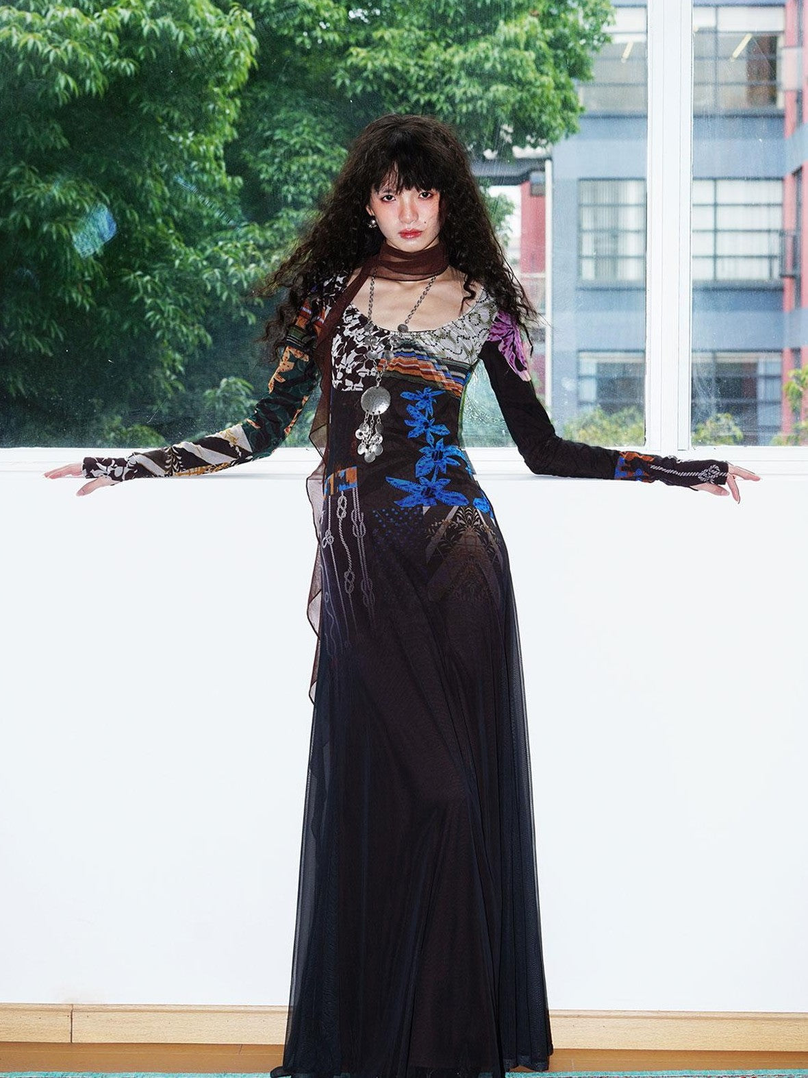 badtaste Double Layer Vintage Printed Long Sleeve Women's Mesh Bodycon Maxi Dresses