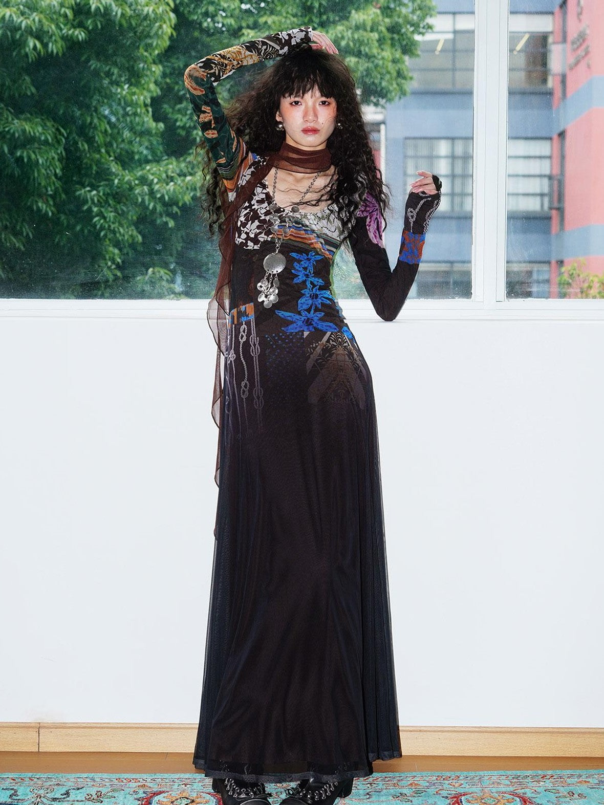 badtaste Double Layer Vintage Printed Long Sleeve Women's Mesh Bodycon Maxi Dresses