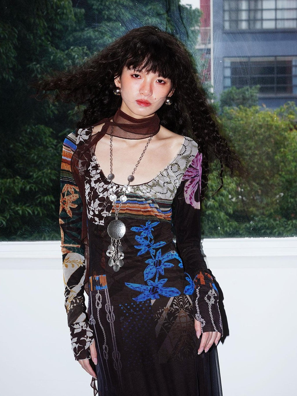badtaste Double Layer Vintage Printed Long Sleeve Women's Mesh Bodycon Maxi Dresses