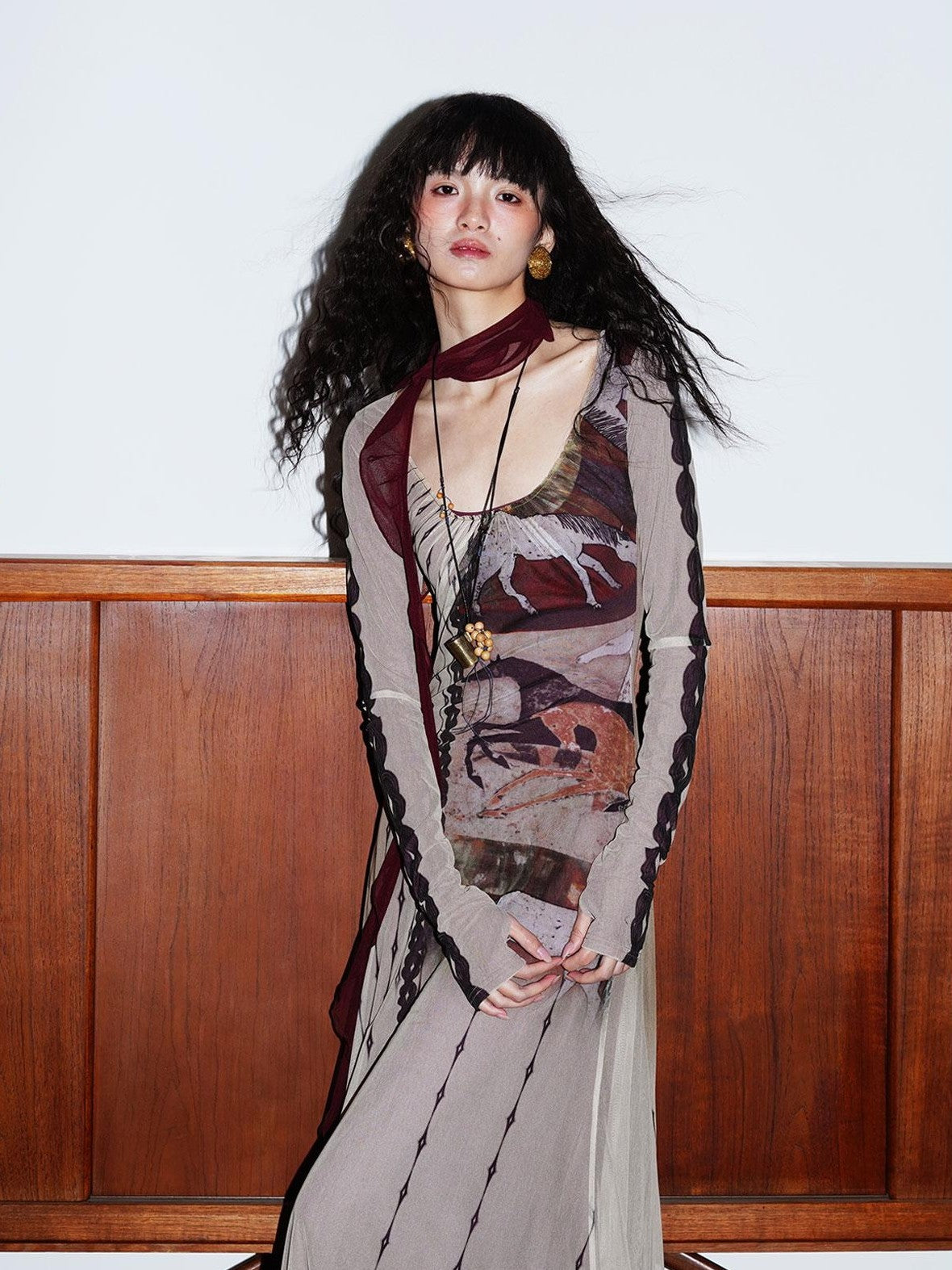 badtaste Double Layer Vintage Printed Long Sleeve Women's Mesh Bodycon Maxi Dresses