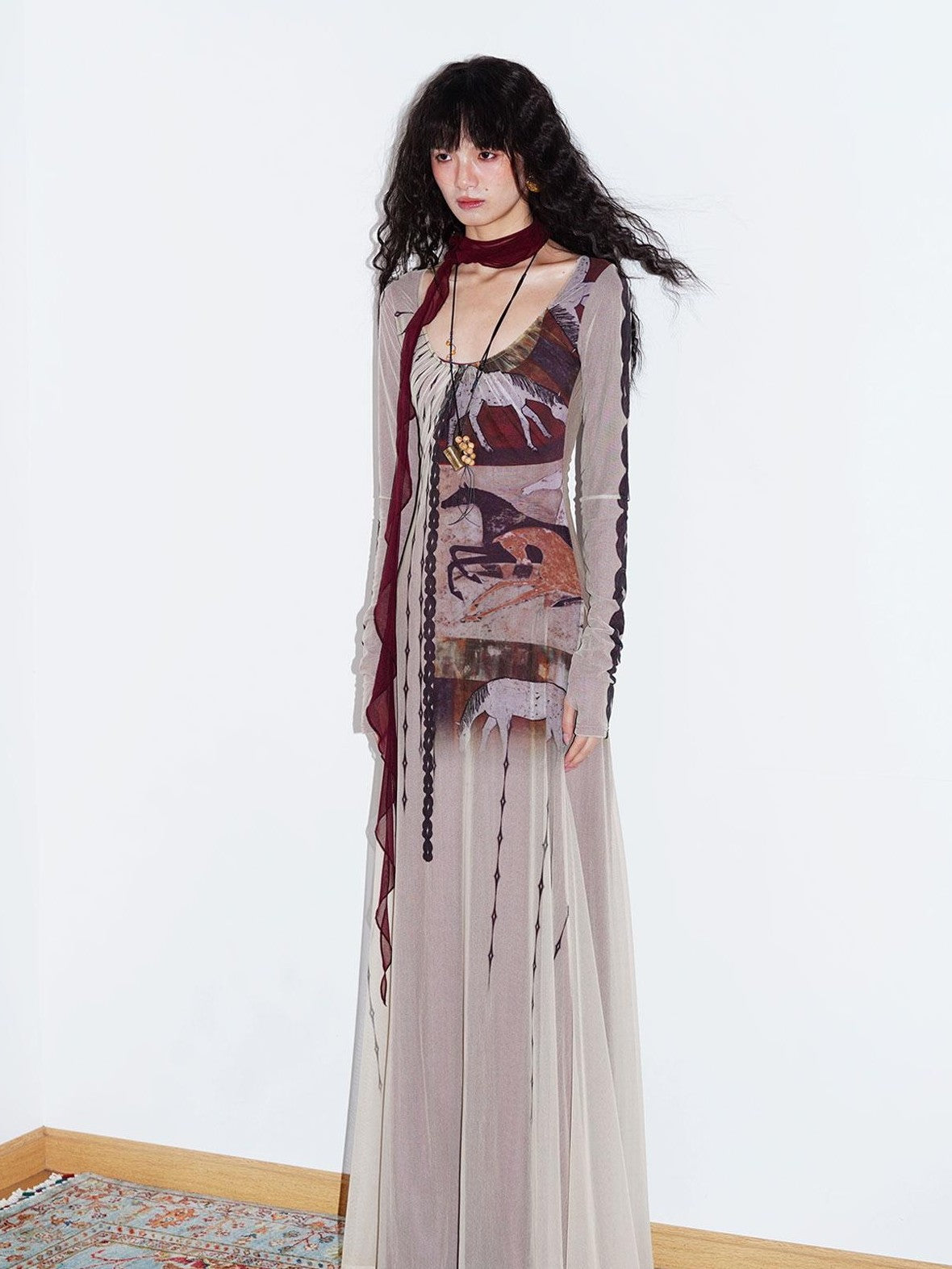 badtaste Double Layer Vintage Printed Long Sleeve Women's Mesh Bodycon Maxi Dresses