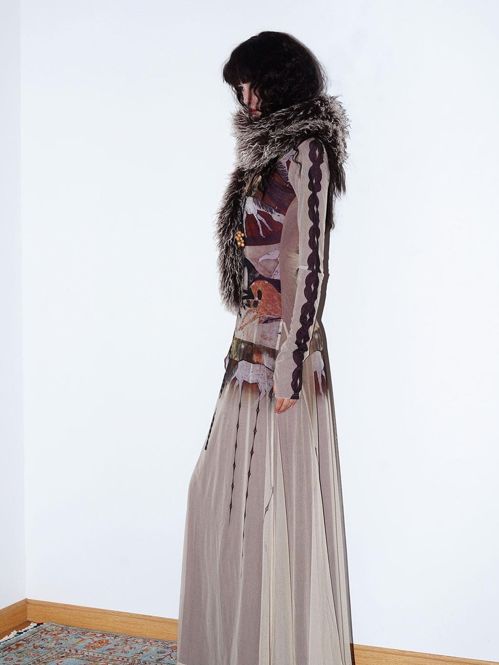 badtaste Double Layer Vintage Printed Long Sleeve Women's Mesh Bodycon Maxi Dresses
