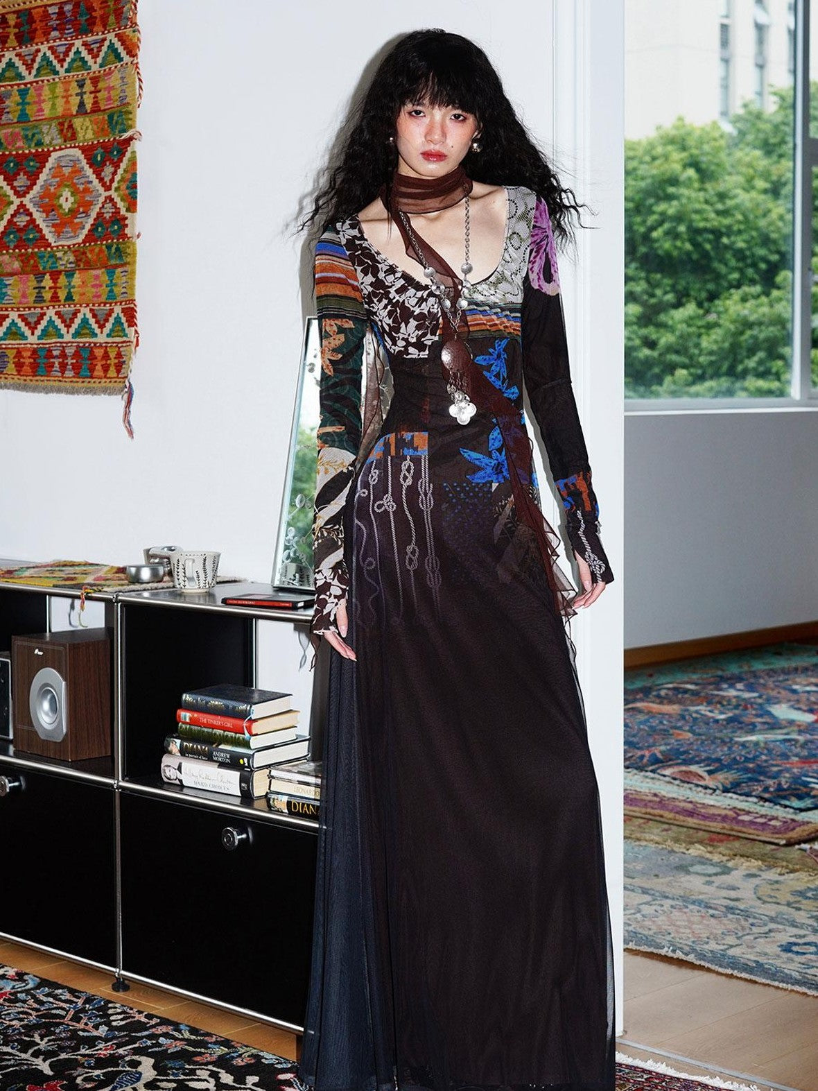 badtaste Double Layer Vintage Printed Long Sleeve Women's Mesh Bodycon Maxi Dresses