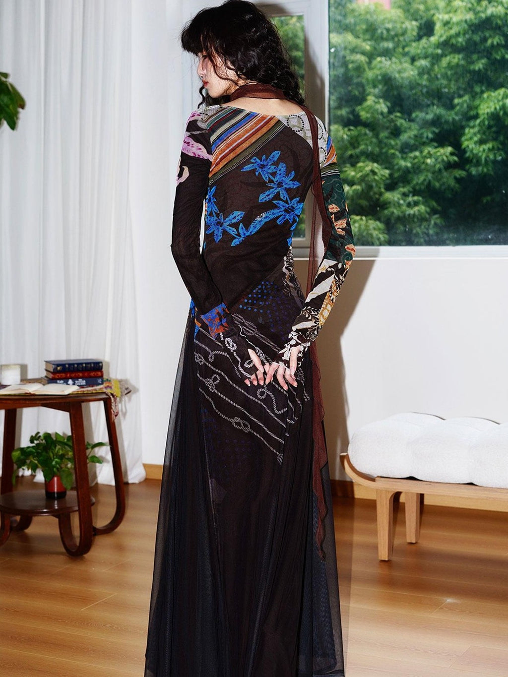 badtaste Double Layer Vintage Printed Long Sleeve Women's Mesh Bodycon Maxi Dresses