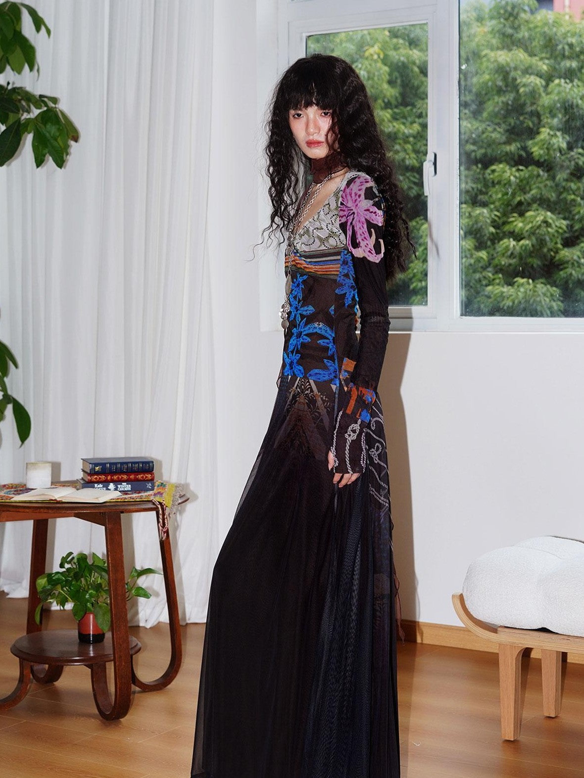 badtaste Double Layer Vintage Printed Long Sleeve Women's Mesh Bodycon Maxi Dresses