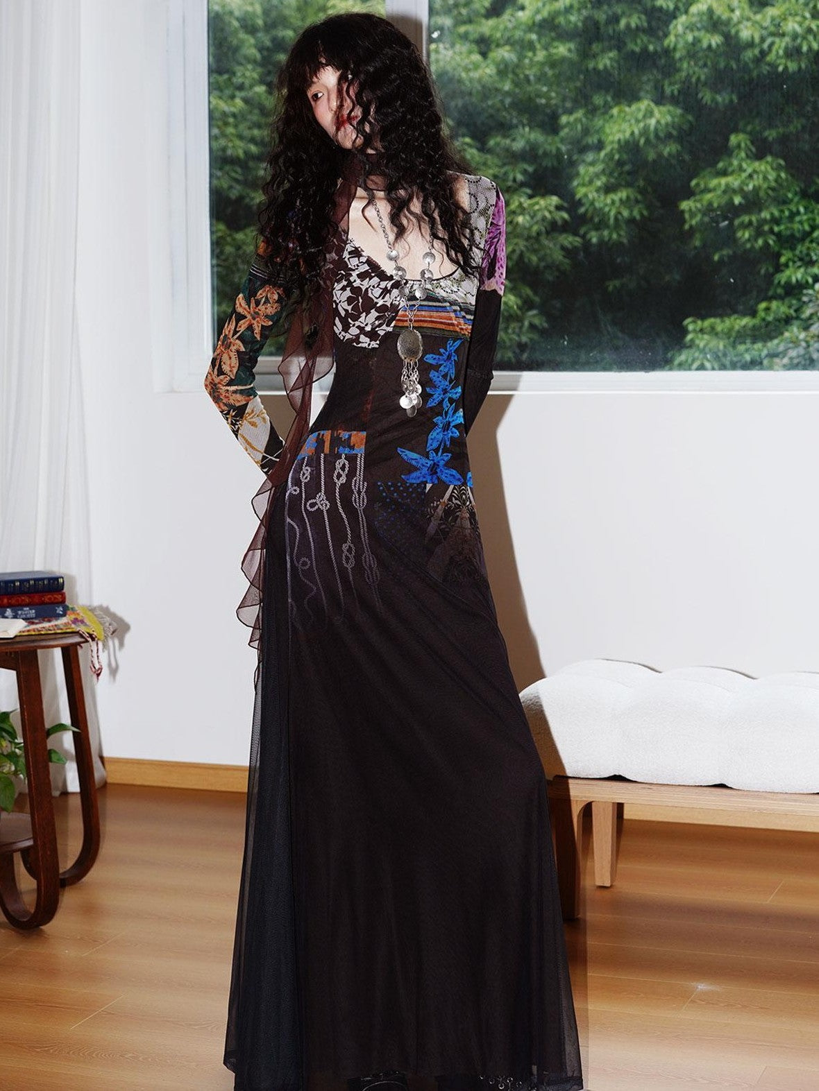 badtaste Double Layer Vintage Printed Long Sleeve Women's Mesh Bodycon Maxi Dresses