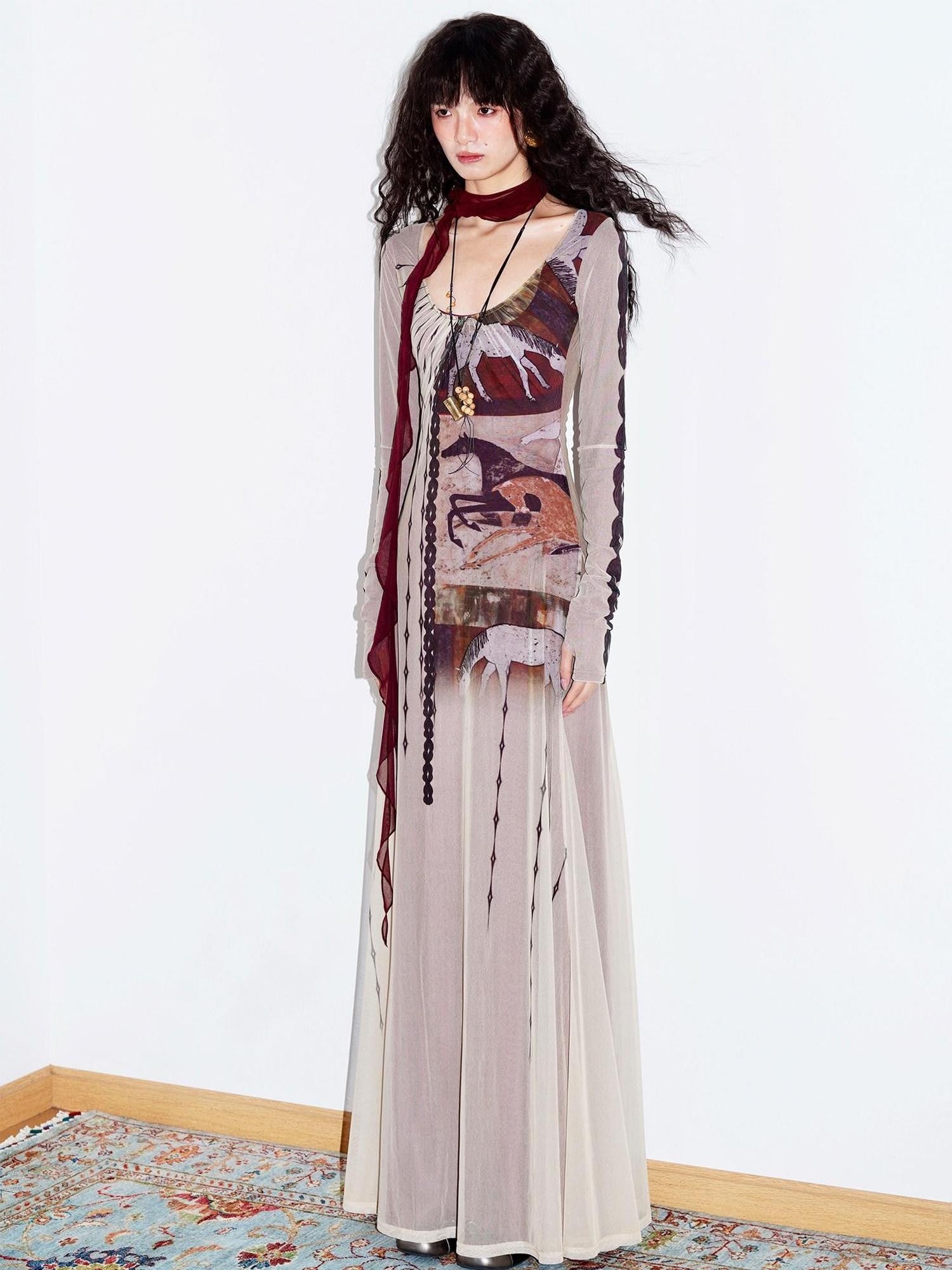 badtaste Double Layer Vintage Printed Long Sleeve Women's Mesh Bodycon Maxi Dresses