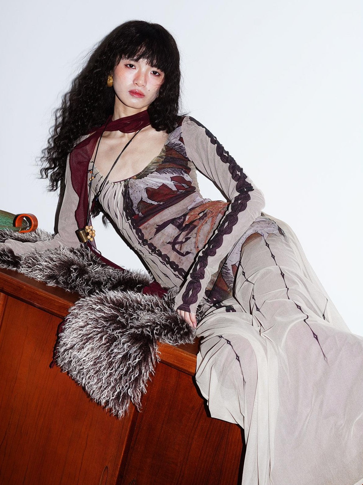 badtaste Double Layer Vintage Printed Long Sleeve Women's Mesh Bodycon Maxi Dresses