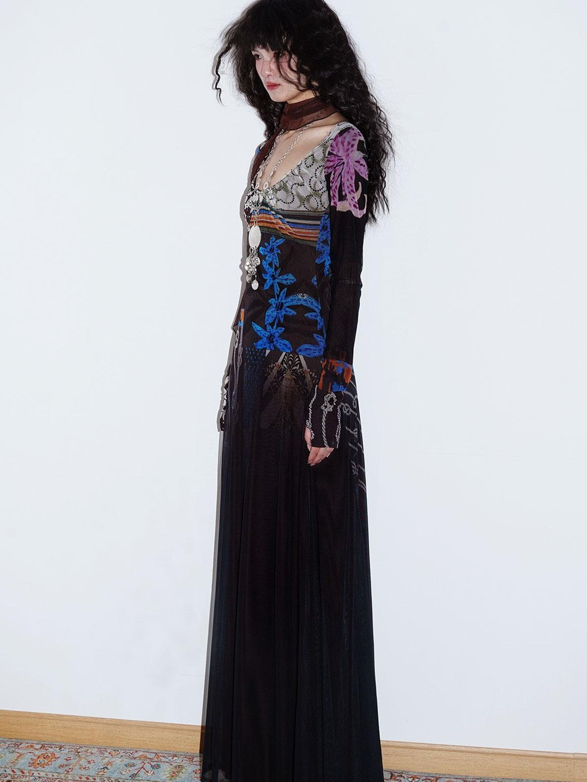 badtaste Double Layer Vintage Printed Long Sleeve Women's Mesh Bodycon Maxi Dresses