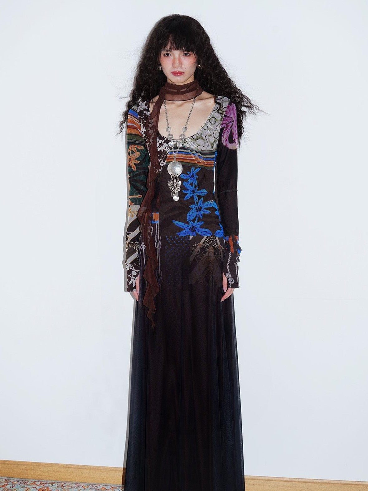 badtaste Double Layer Vintage Printed Long Sleeve Women's Mesh Bodycon Maxi Dresses