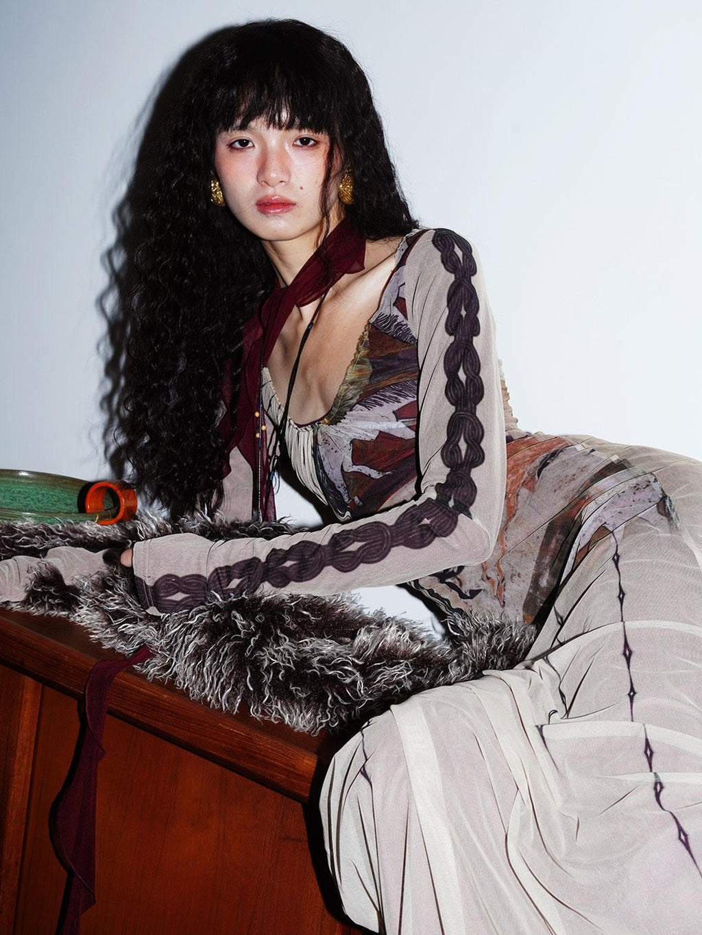 badtaste Double Layer Vintage Printed Long Sleeve Women's Mesh Bodycon Maxi Dresses