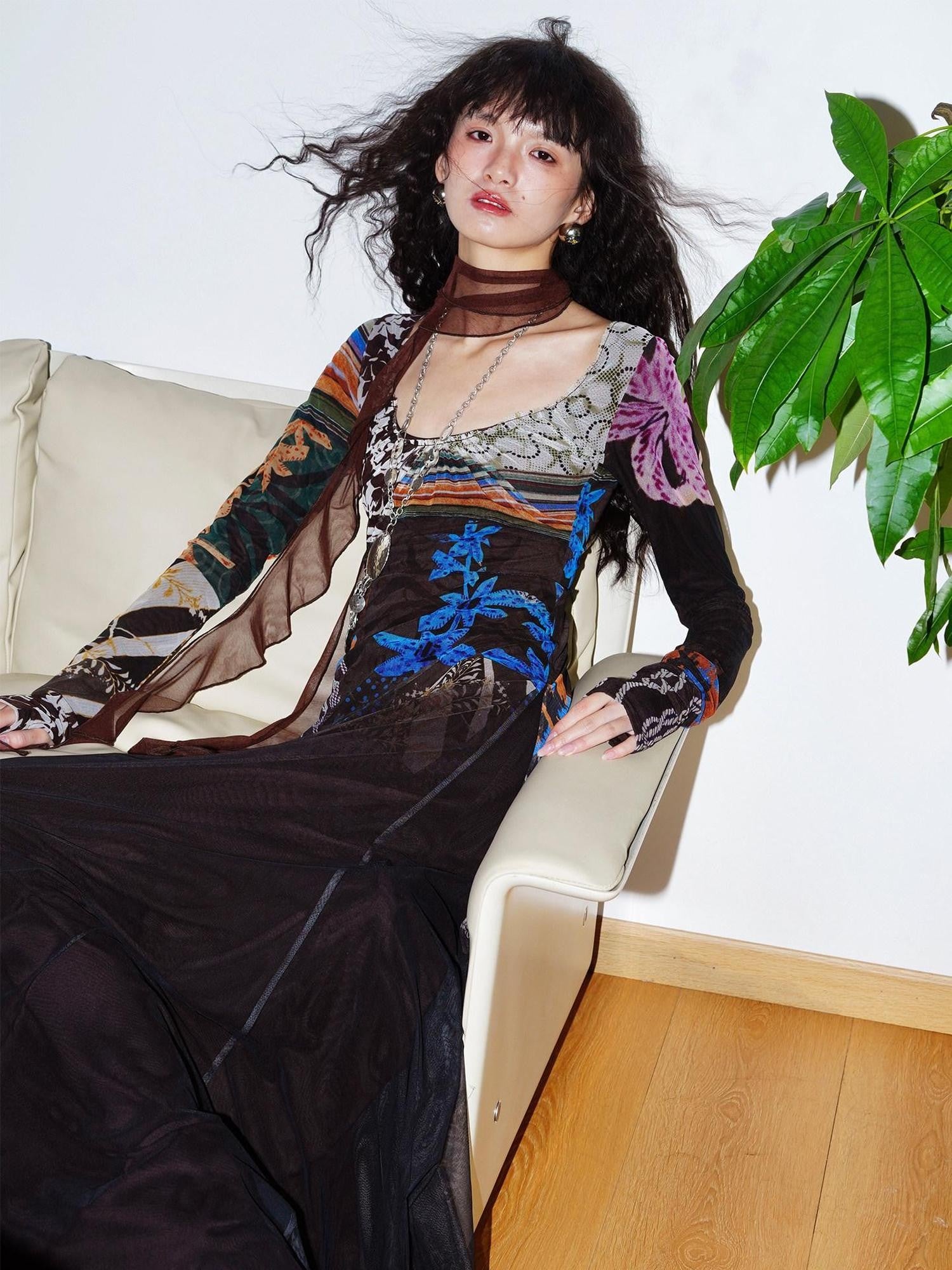 badtaste Double Layer Vintage Printed Long Sleeve Women's Mesh Bodycon Maxi Dresses