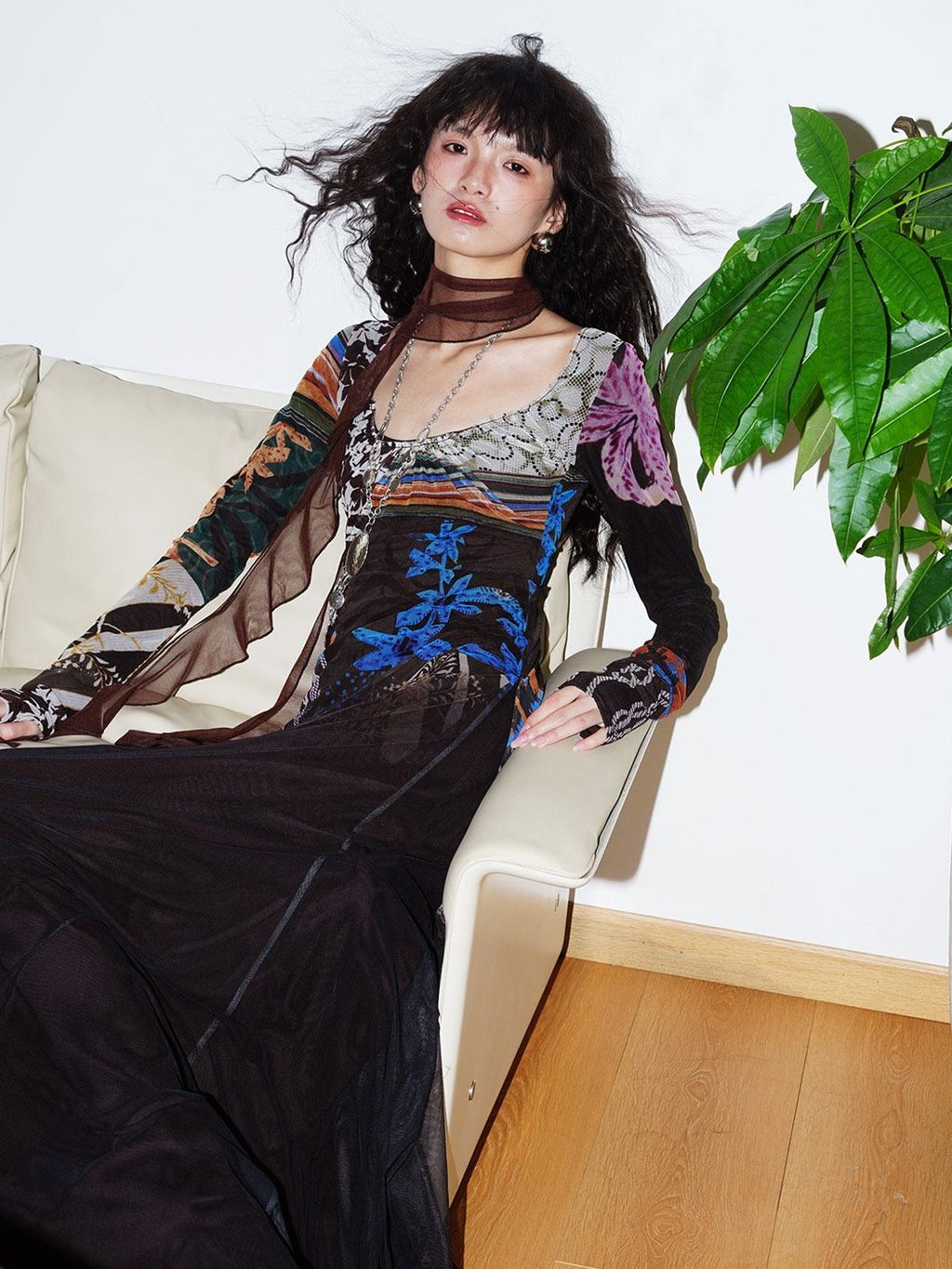 badtaste Double Layer Vintage Printed Long Sleeve Women's Mesh Bodycon Maxi Dresses