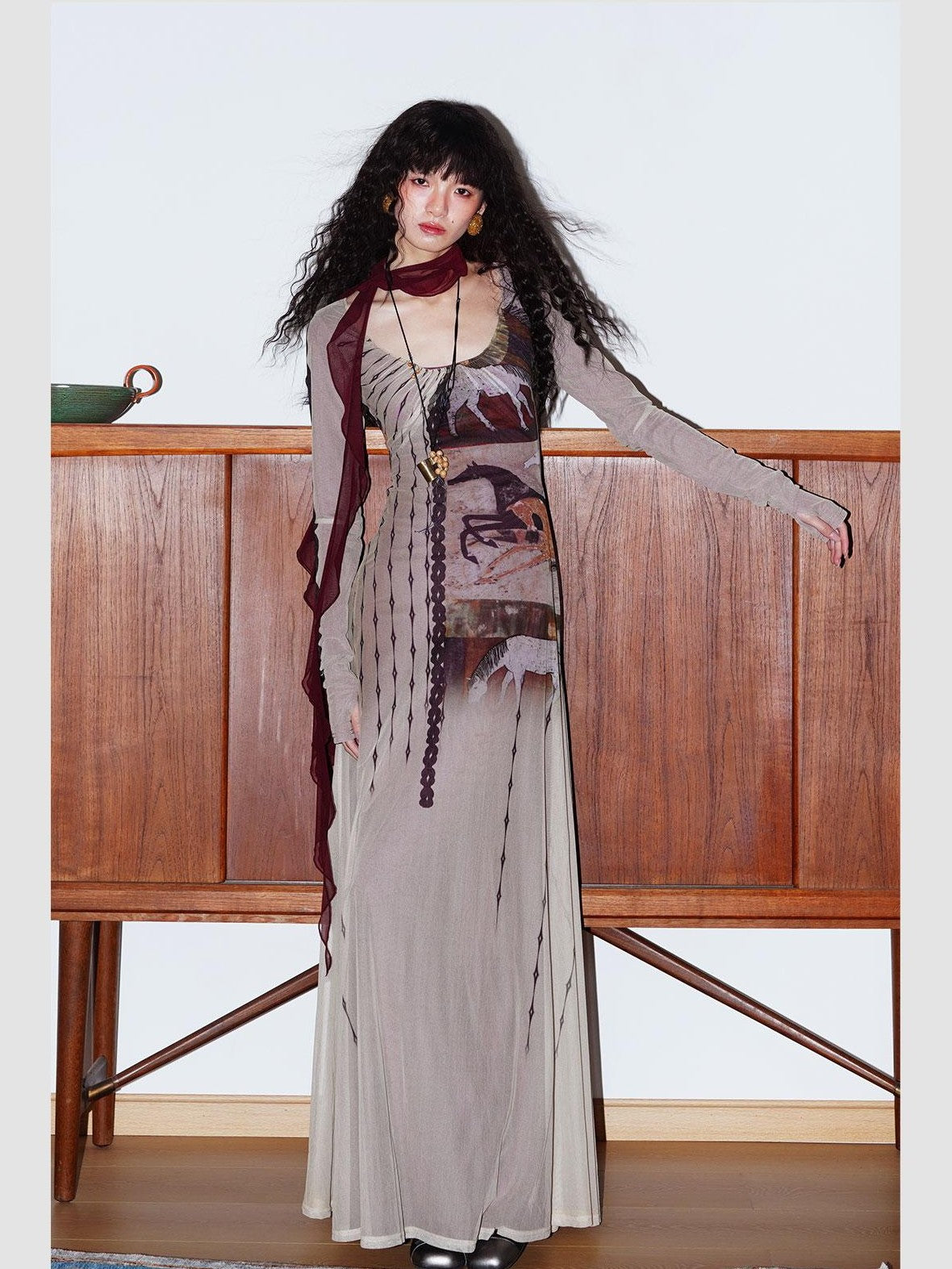 badtaste Double Layer Vintage Printed Long Sleeve Women's Mesh Bodycon Maxi Dresses