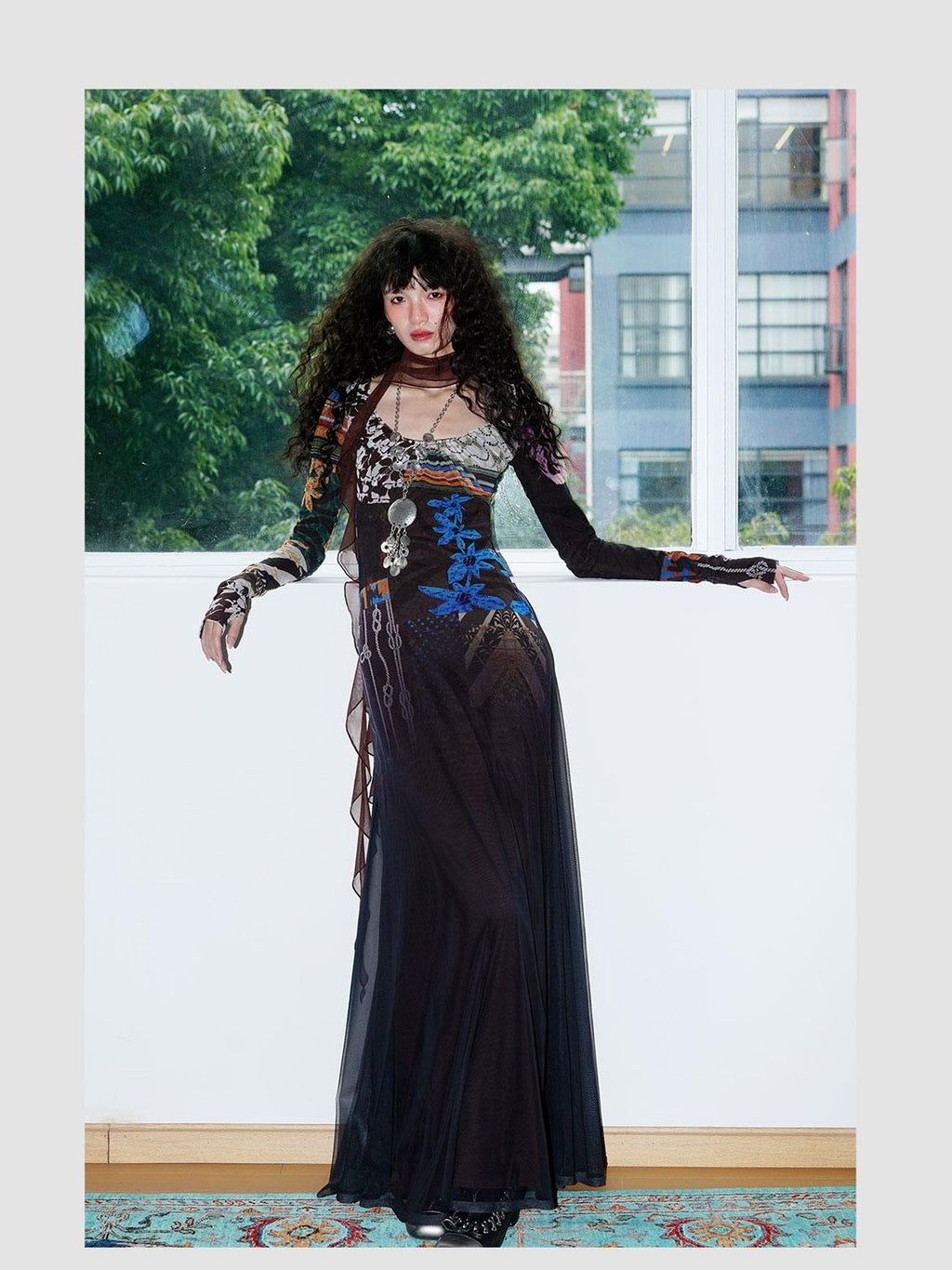 badtaste Double Layer Vintage Printed Long Sleeve Women's Mesh Bodycon Maxi Dresses