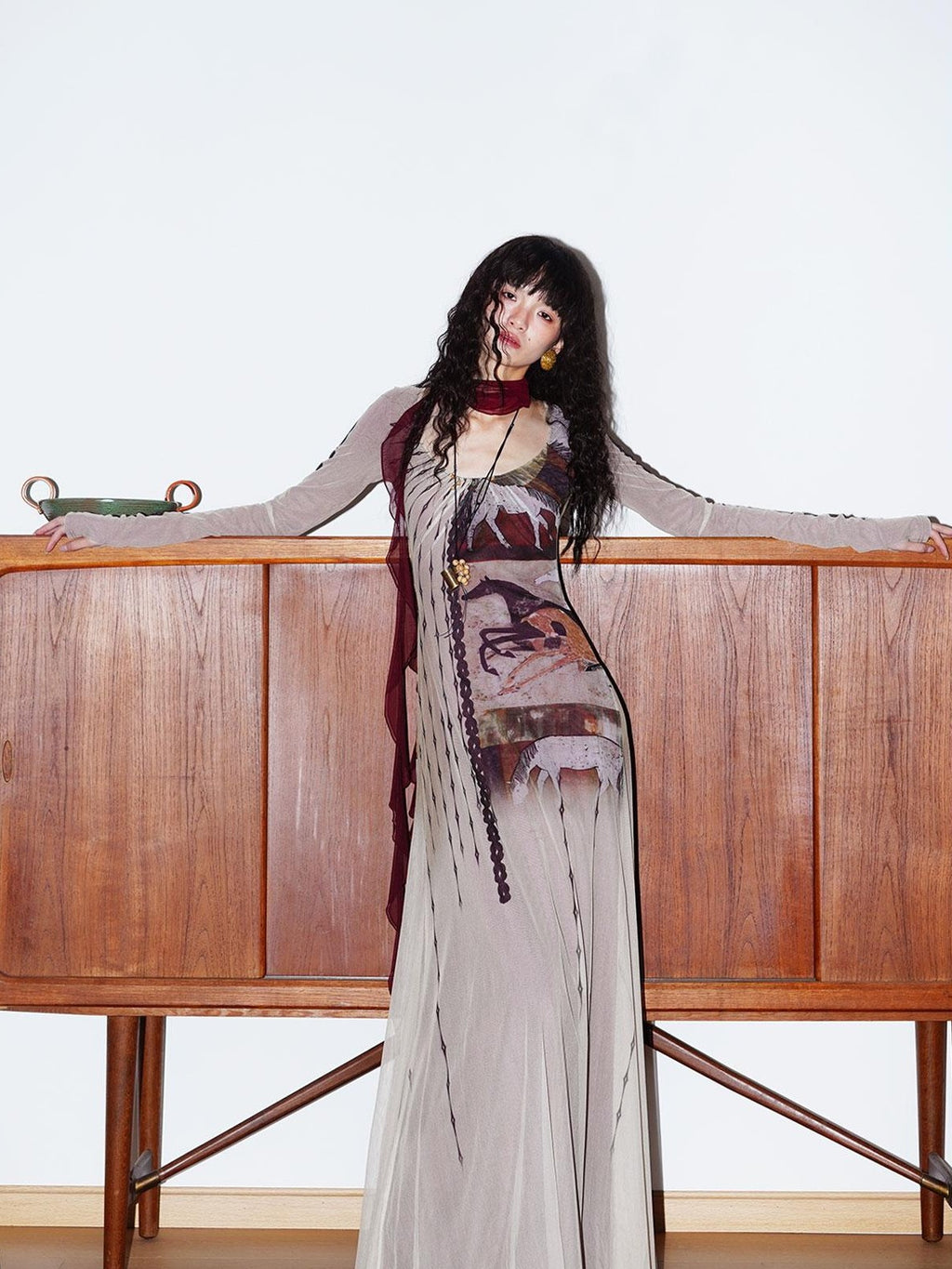 badtaste Double Layer Vintage Printed Long Sleeve Women's Mesh Bodycon Maxi Dresses