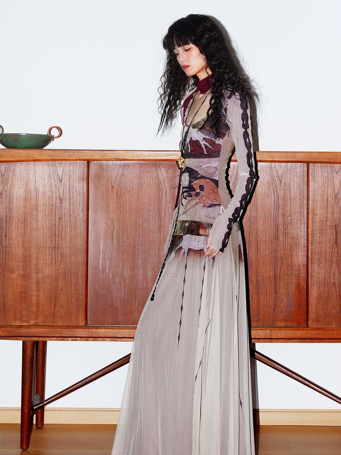 badtaste Double Layer Vintage Printed Long Sleeve Women's Mesh Bodycon Maxi Dresses