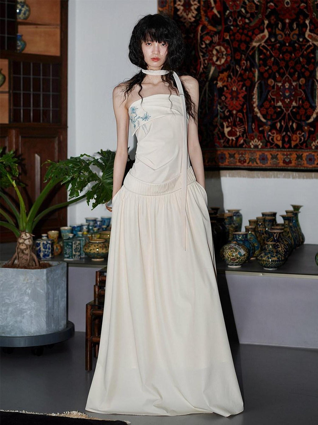 badtaste Embroidered New Chinese Faux Two Piece Women's Strapless Maxi Dresses
