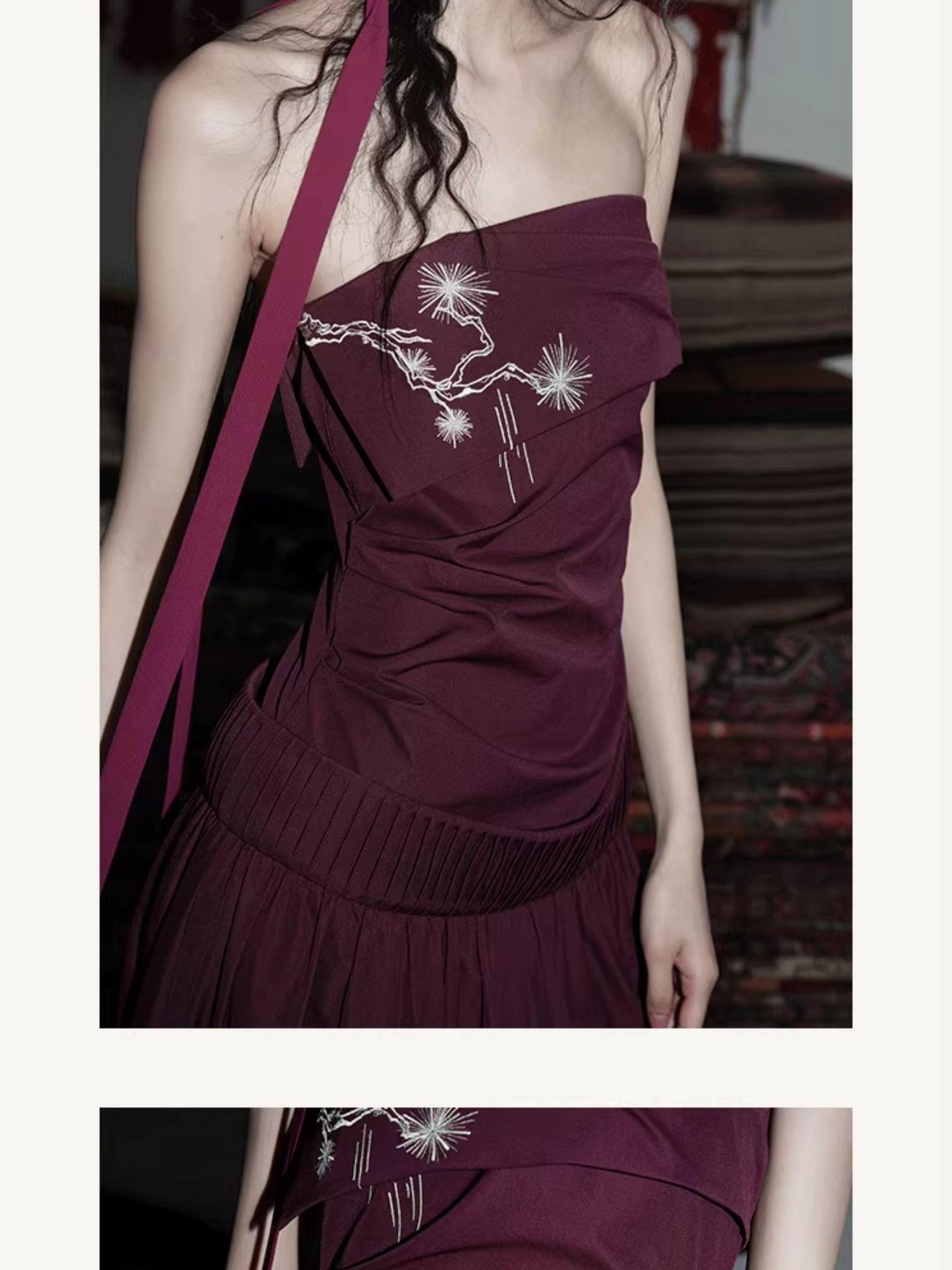 badtaste Embroidered New Chinese Faux Two Piece Women's Strapless Maxi Dresses