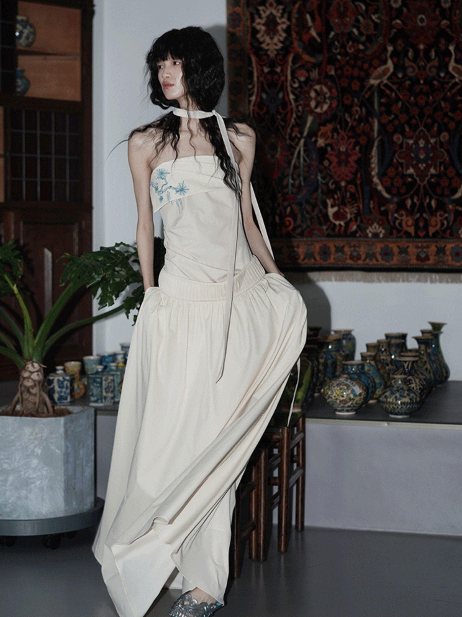 badtaste Embroidered New Chinese Faux Two Piece Women's Strapless Maxi Dresses