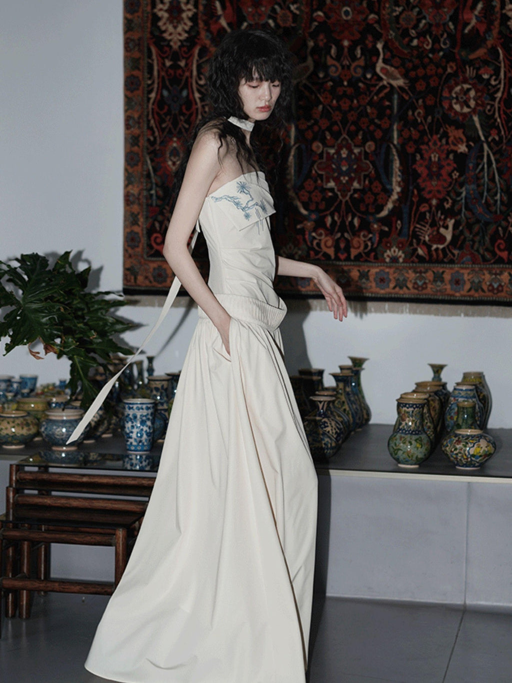 badtaste Embroidered New Chinese Faux Two Piece Women's Strapless Maxi Dresses