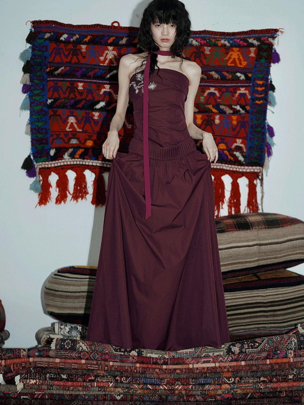 badtaste Embroidered New Chinese Faux Two Piece Women's Strapless Maxi Dresses