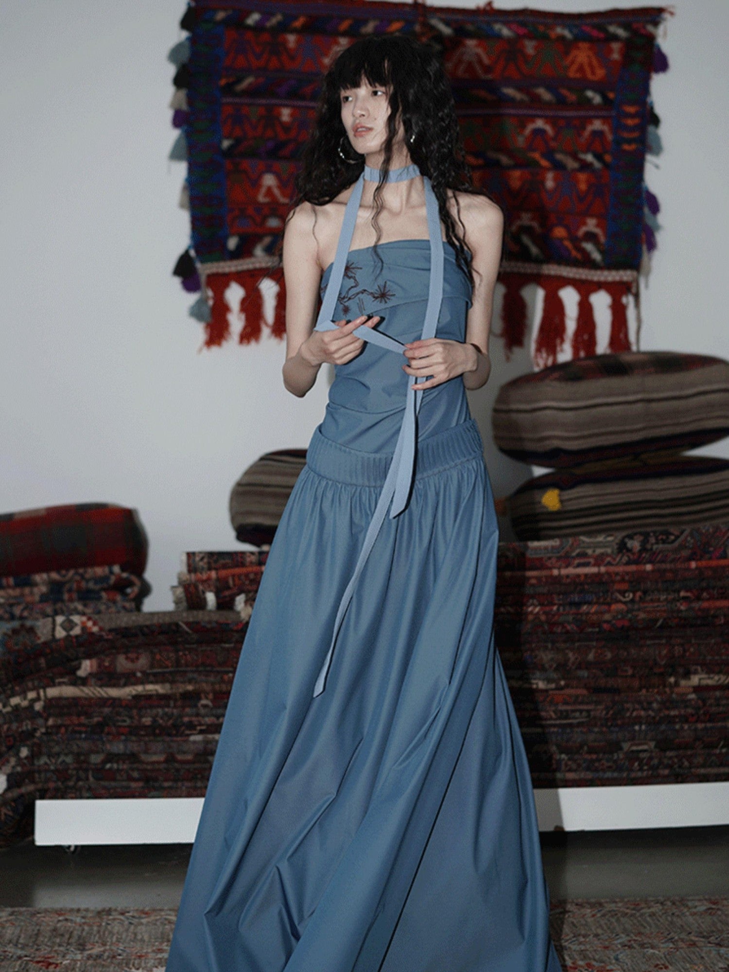badtaste Embroidered New Chinese Faux Two Piece Women's Strapless Maxi Dresses