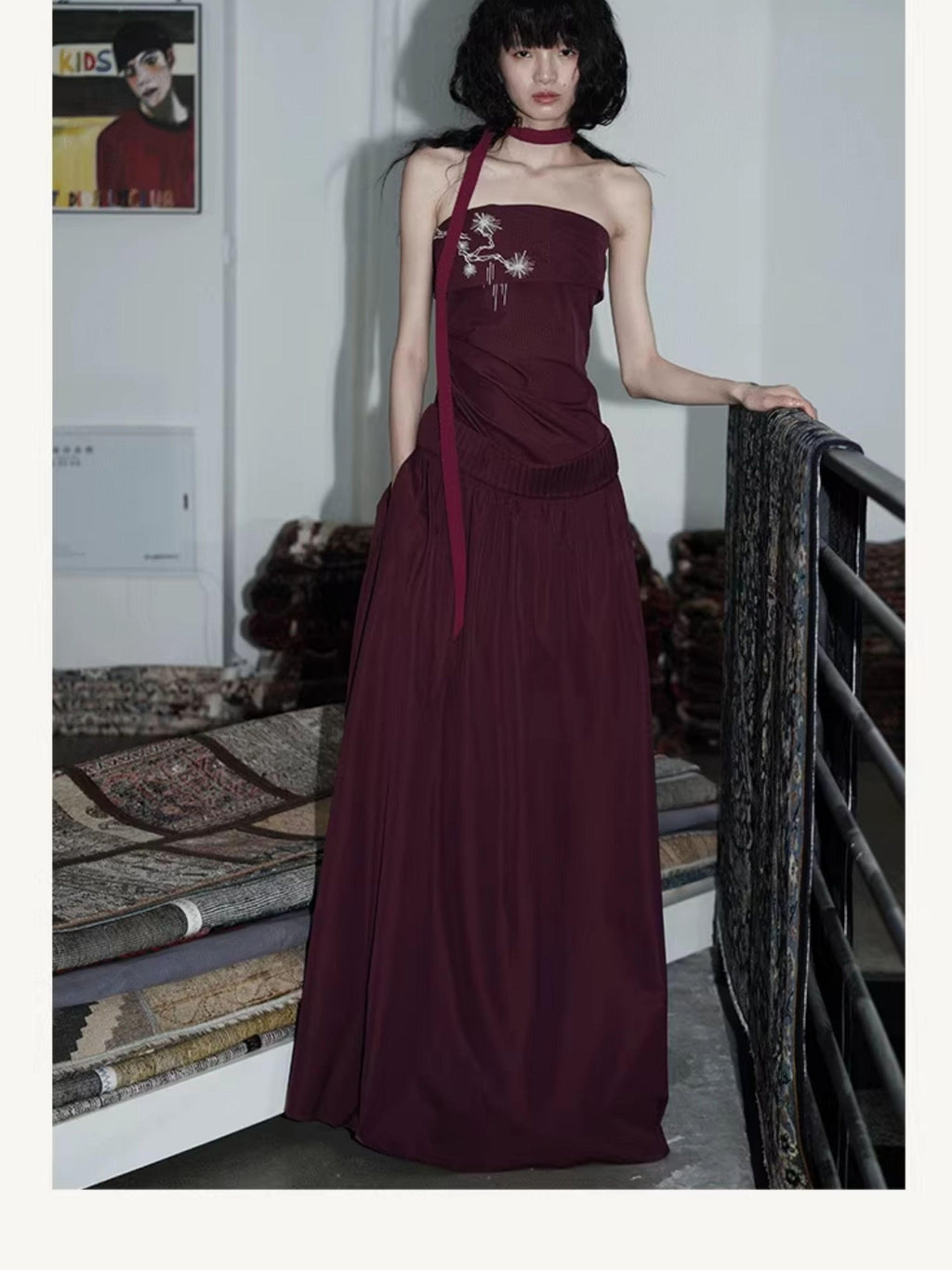 badtaste Embroidered New Chinese Faux Two Piece Women's Strapless Maxi Dresses