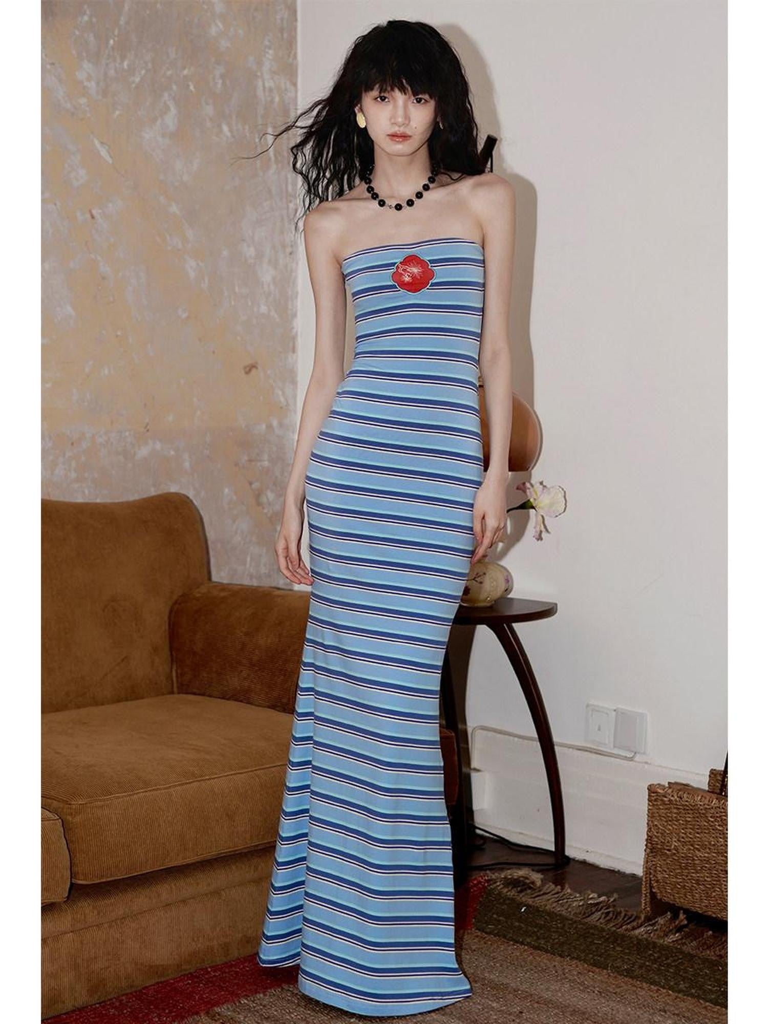 badtaste Embroidered Striped Chinese Women's Knit Strapless Maxi Dresses