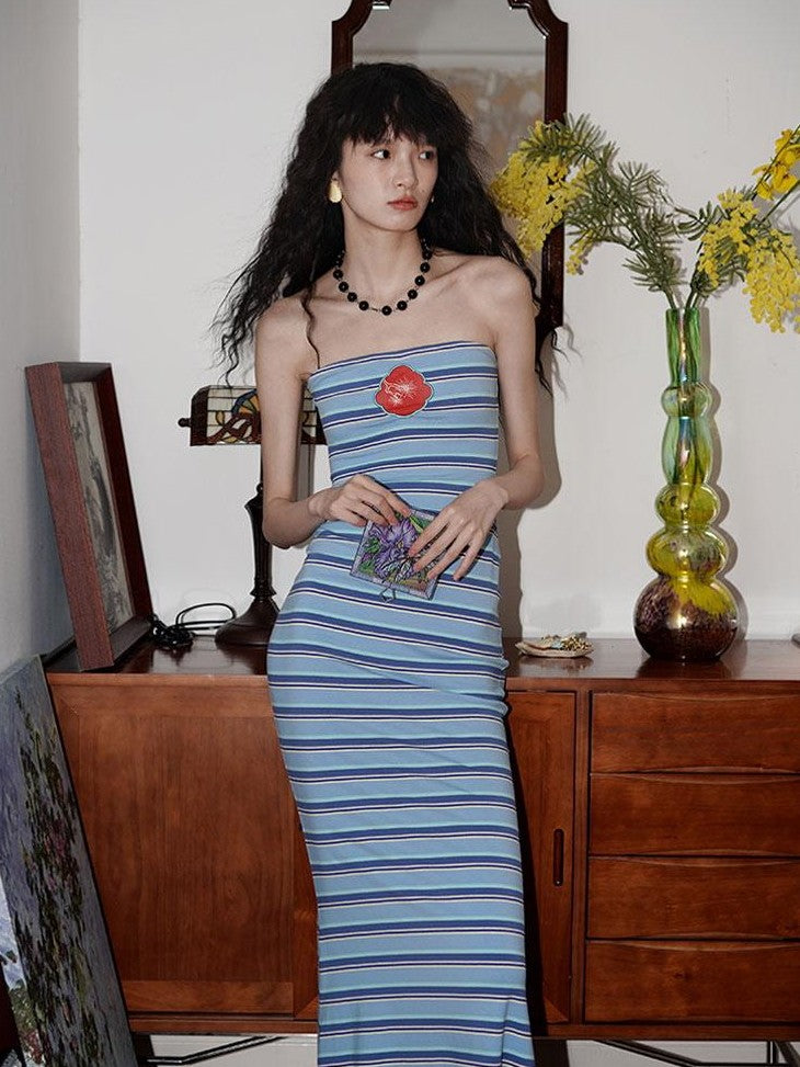 badtaste Embroidered Striped Chinese Women's Knit Strapless Maxi Dresses