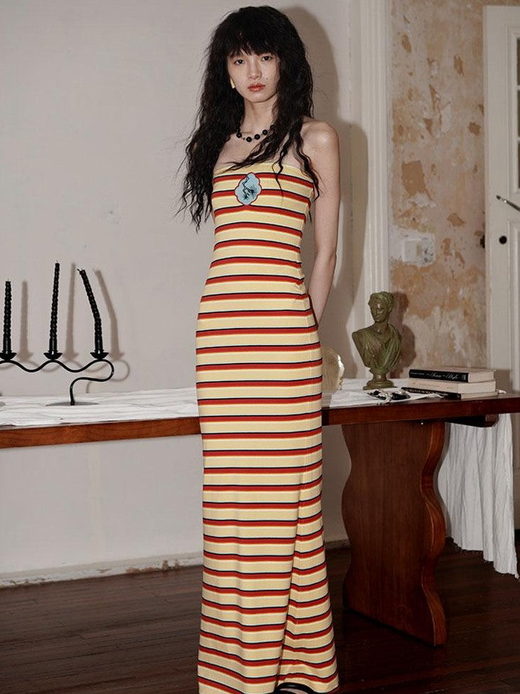 badtaste Embroidered Striped Chinese Women's Knit Strapless Maxi Dresses
