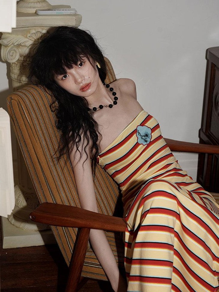 badtaste Embroidered Striped Chinese Women's Knit Strapless Maxi Dresses