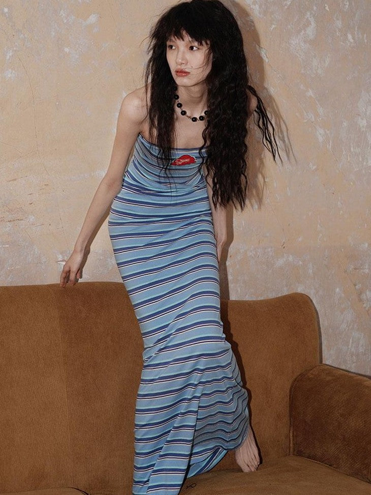 badtaste Embroidered Striped Chinese Women's Knit Strapless Maxi Dresses
